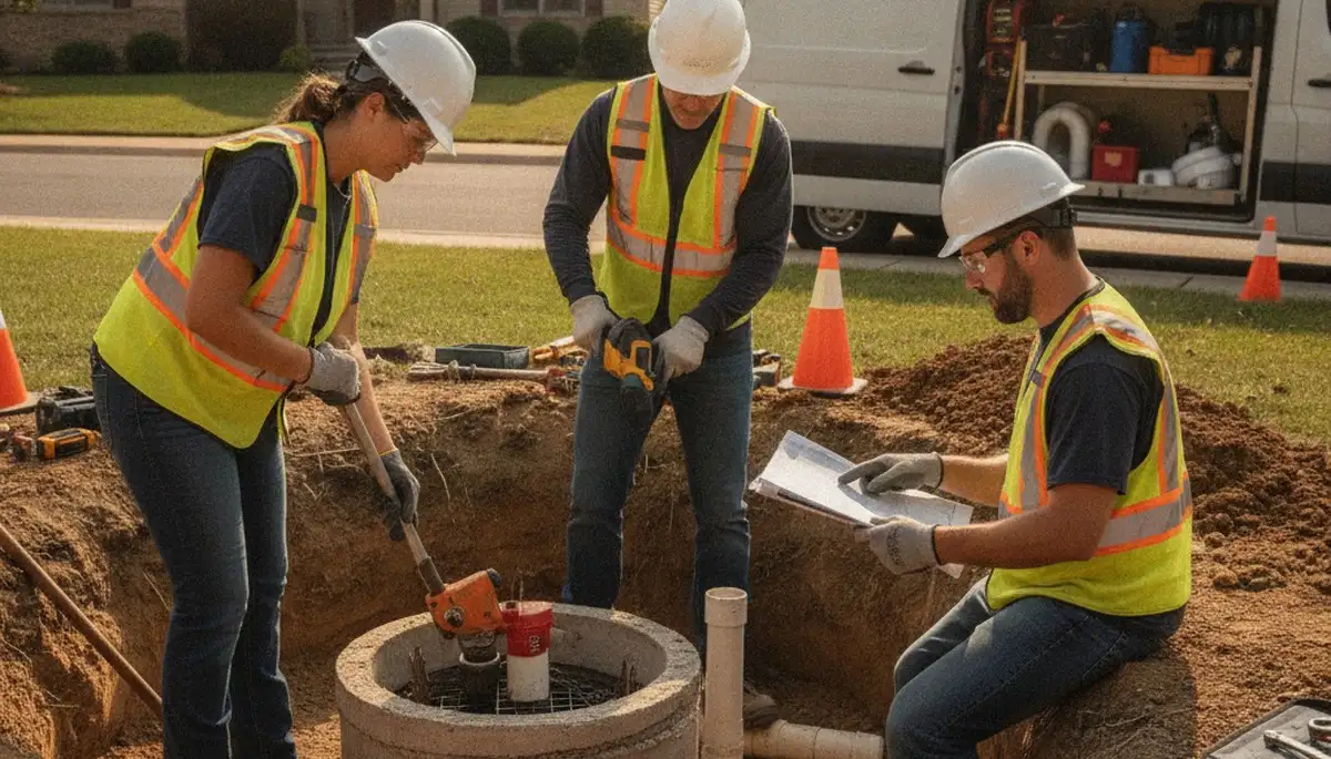 Septic repair technician inspecting Louisville, KY home drainage for fast plumbing service